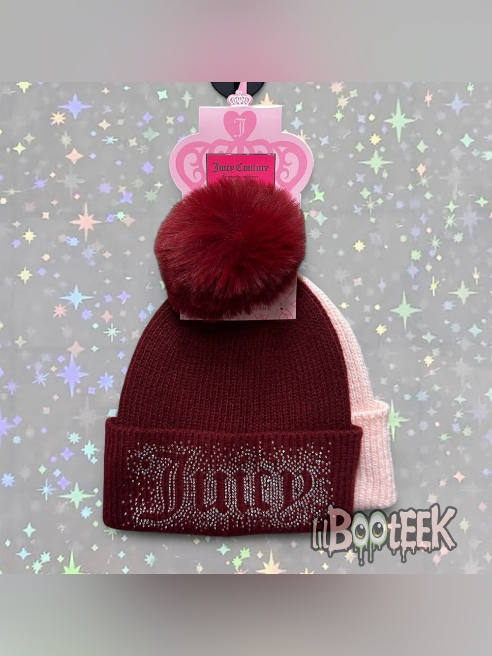Juicy Couture 2 Beanie Gift Set Faux Fur Burgundy Rhinestone & Pink w Heart Y2K